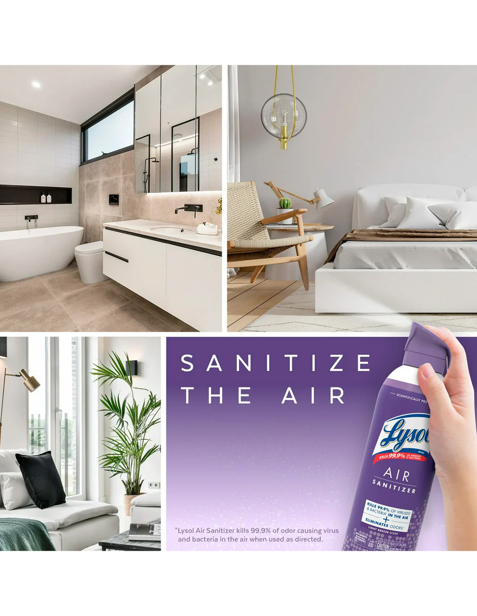 Lysol Air Aerosol Desinfectante para Desinfección y Eliminación de Olores Air, Aroma de Brisa Ligera 283gr - Imagen 3